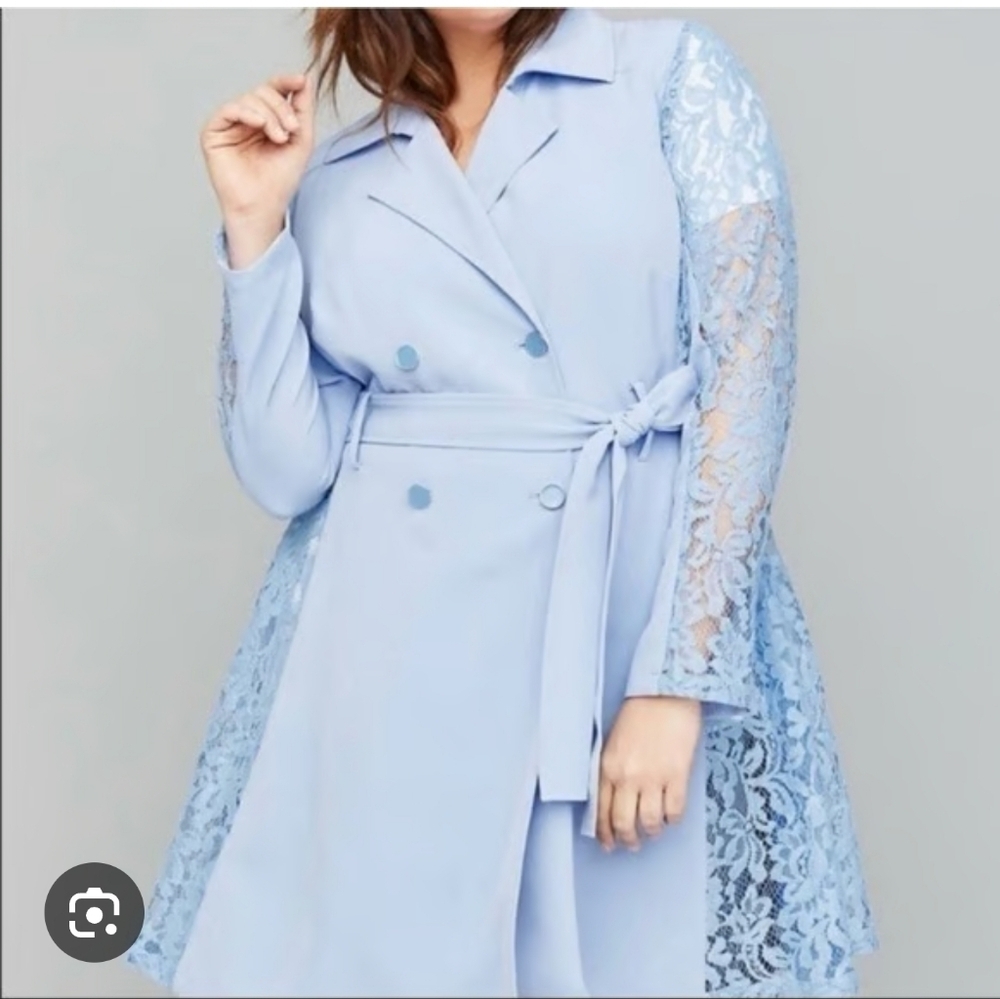 NWOT $139.95  Lane Bryant Blue Lace Details Long Sleeve Trench Coat Size 18/20